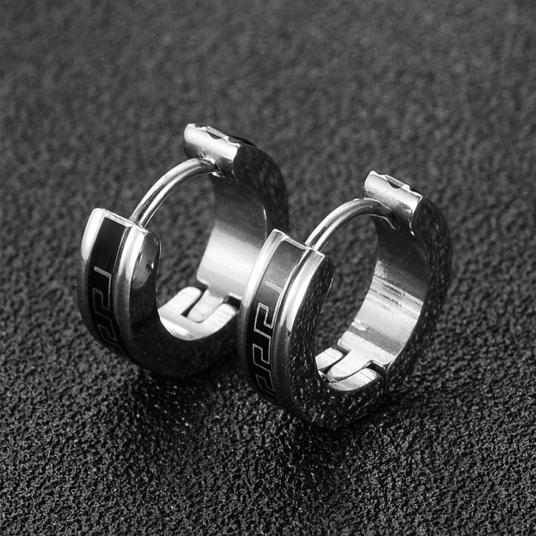 Rockyu メンズフープピアス – ステンレス製 ローマ数字＆ギリシャ風刻印 両耳セット