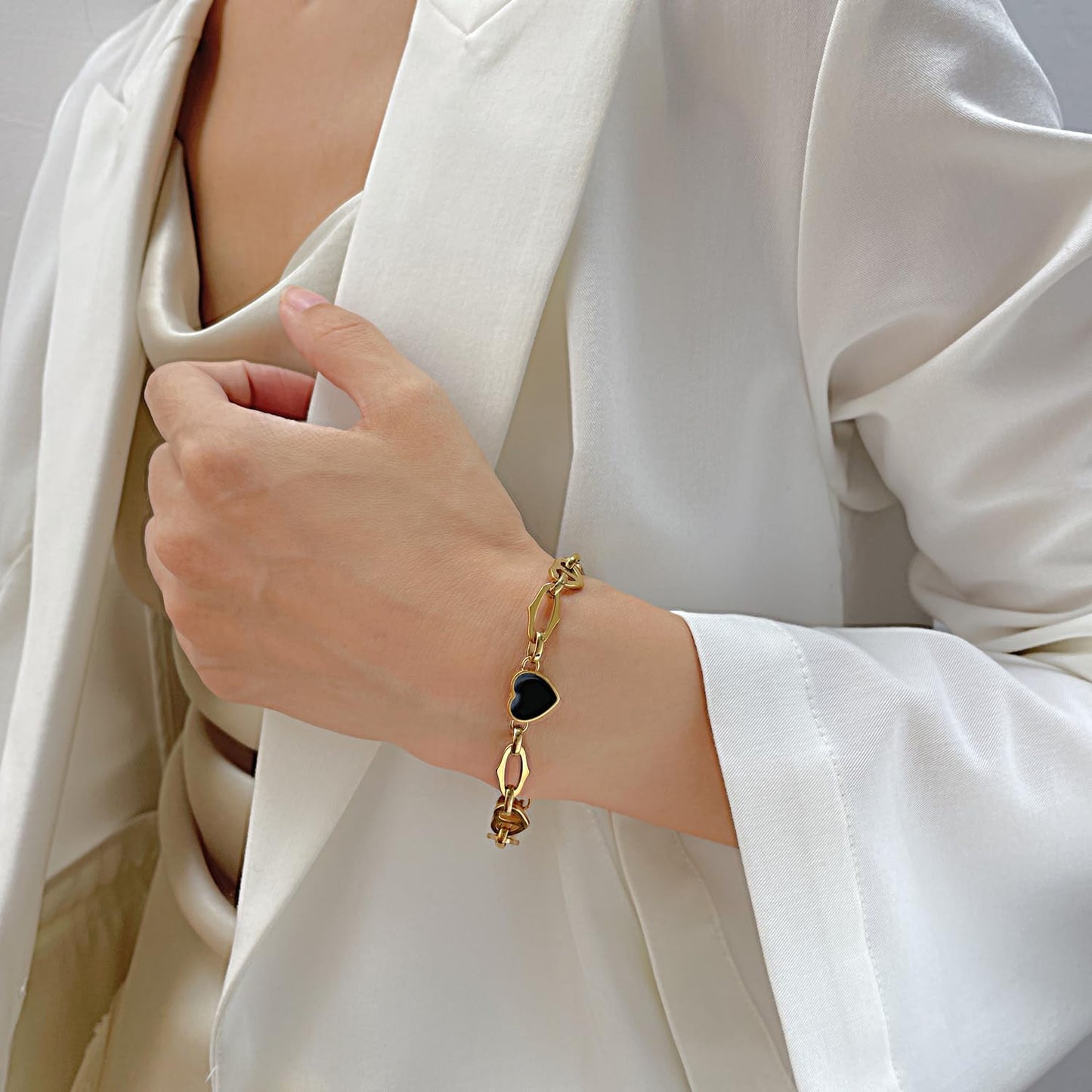 Rockyu ブレスレット レディース ハートチェーン ゴールド＆シルバー ブラックエナメル 金属アレルギー対応