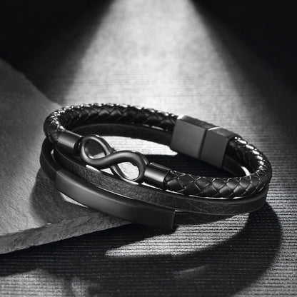 Rockyu ブレスレット メンズ 無限シンボル 8字モチーフ 編み込みレザー ステンレス ブラック シンプル おしゃれ カジュアル ギフト
