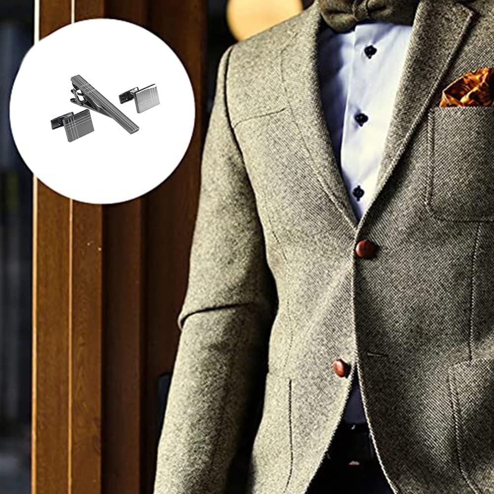 Rockyu ネクタイピン＆カフスセット｜ステンレス製 スタイリッシュラインデザイン