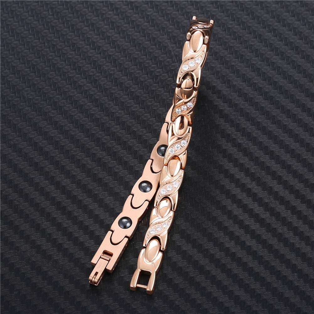 Rockyu チタン磁気ブレスレット レディース ジルコニア付 ゴールド／ピンクゴールド