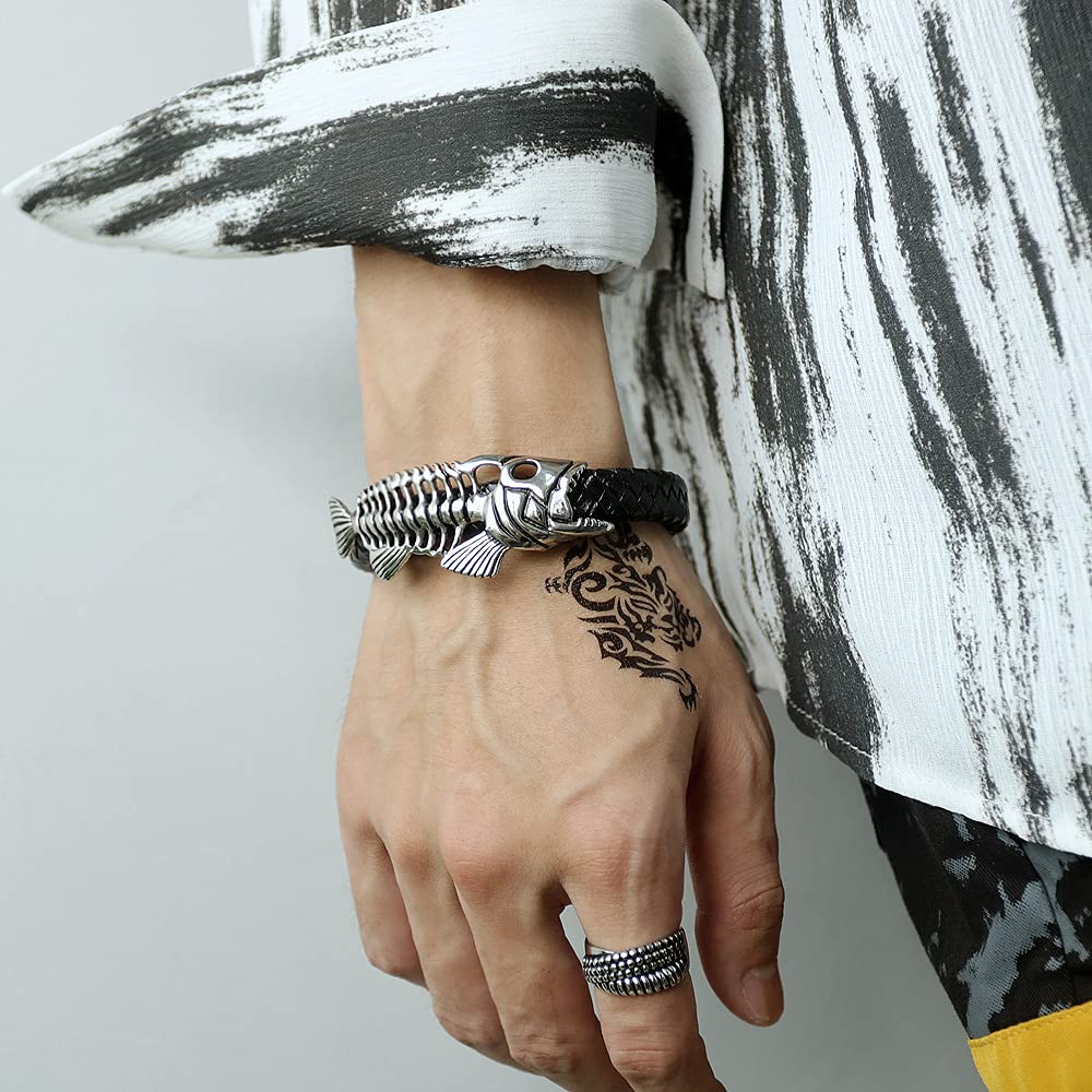 Rockyu メンズブレスレット 魚骨デザイン レザー×ステンレス ブラックアクセサリー
