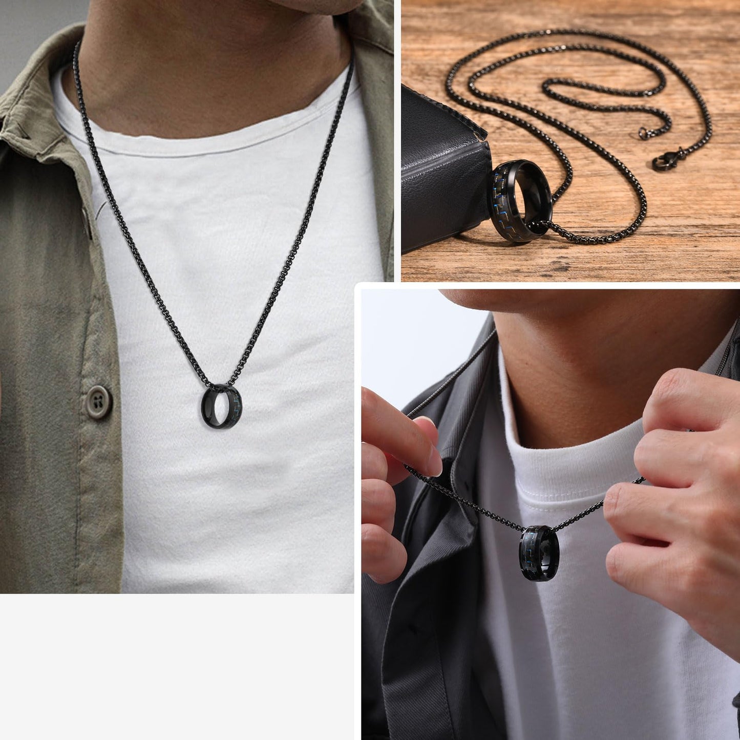 Rockyu ネックレス メンズ リングペンダント 幅広 ステンレス カーボンファイバー ブラック 60cm チェーン