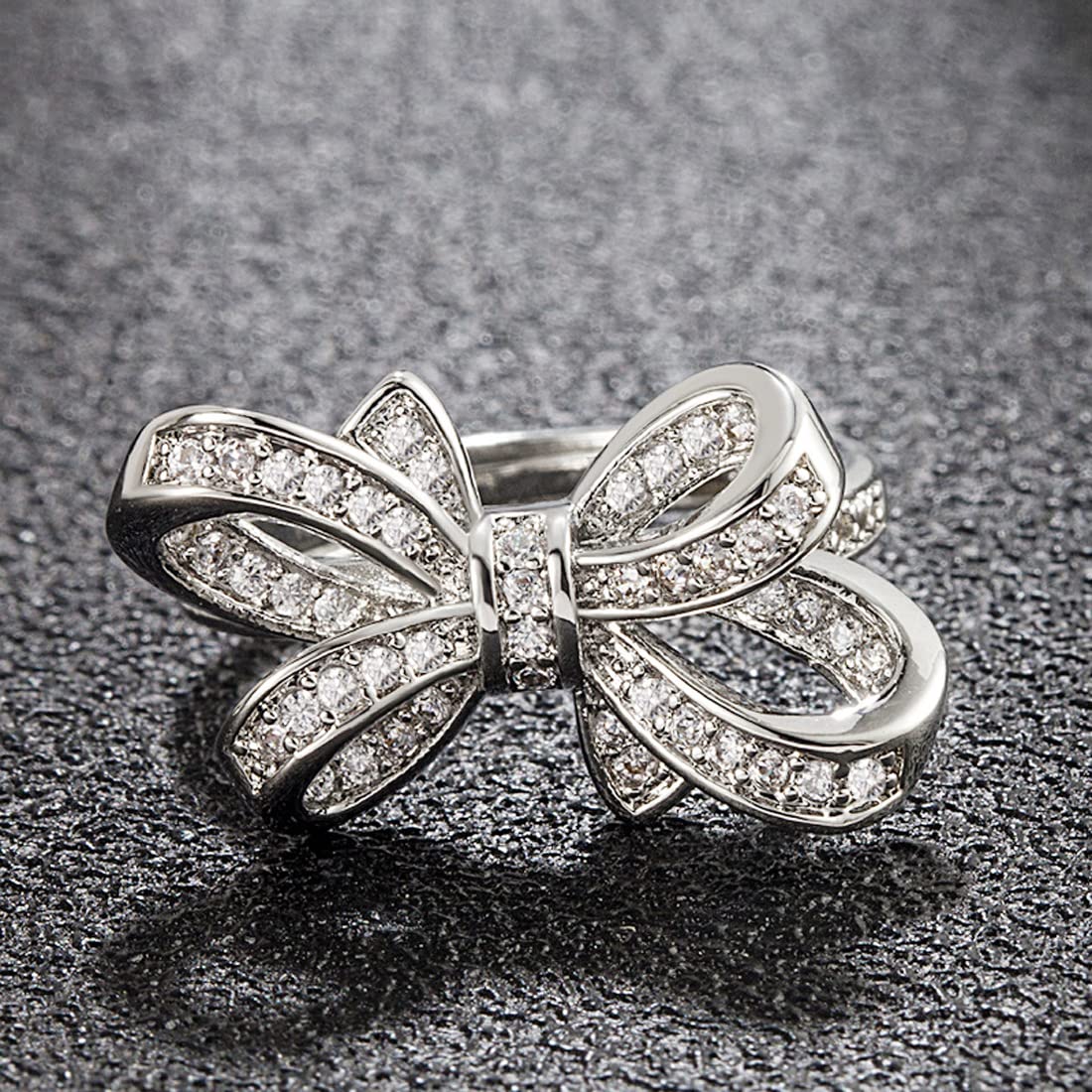 Rockyu レディース フリーサイズ リボンリング｜ピンクゴールド＆シルバー 多粒ダイヤ風デザイン