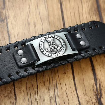 Rockyu ブレスレット メンズ レザー 幅広 ヴァイキング 雷神ハンマー記号 プレート ブラック＆ブラウン
