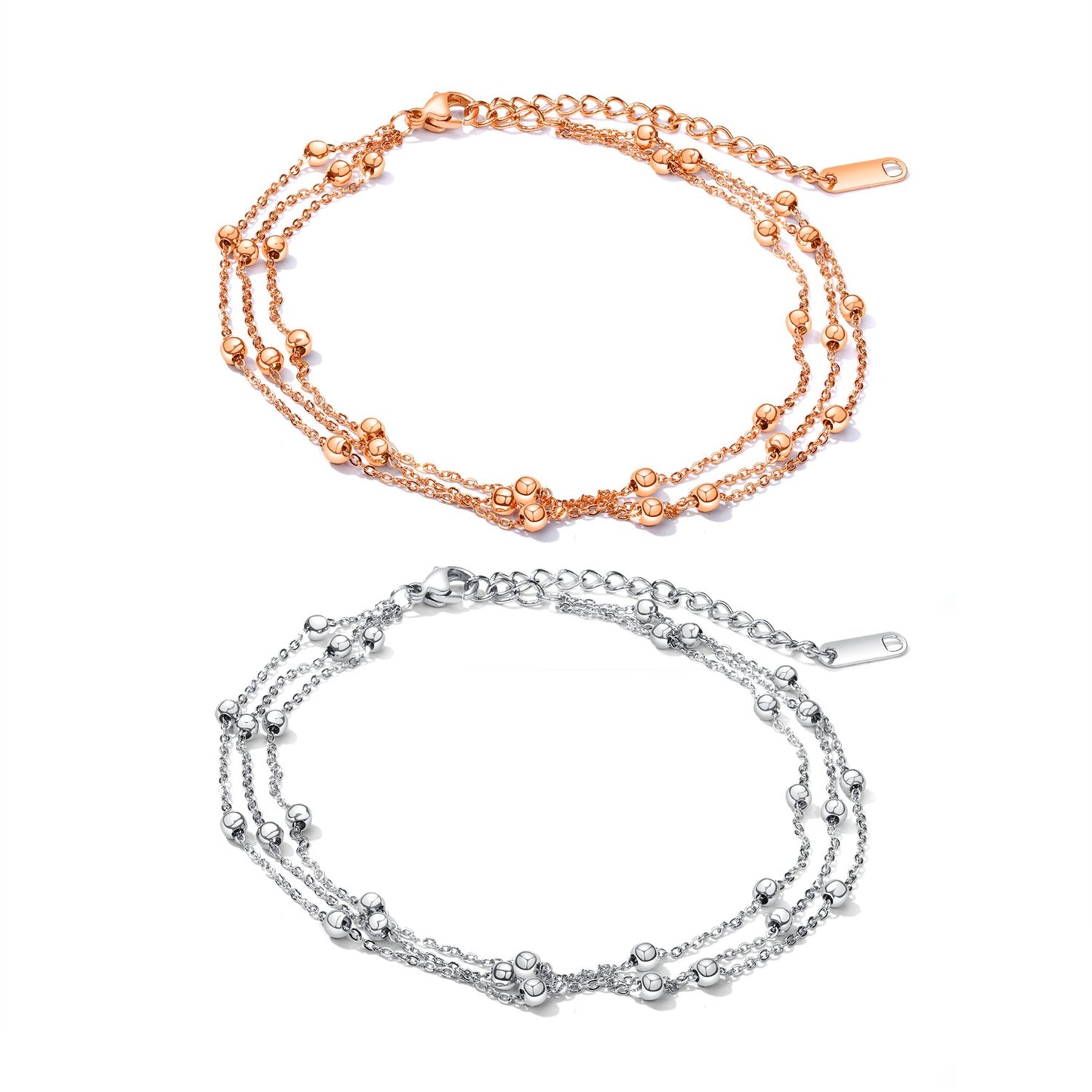 Rockyu アンクレット レディース ステンレス 多層チェーン ビーズ付き ローズゴールド/シルバー/ゴールド 調整可能