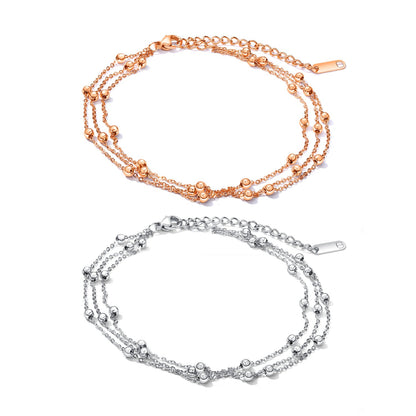 Rockyu アンクレット レディース ステンレス 多層チェーン ビーズ付き ローズゴールド/シルバー/ゴールド 調整可能