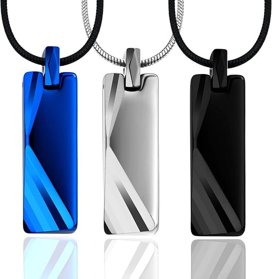 Rockyu メンズネックレス スティックプレートペンダント タングステン風デザイン シルバー ブラック ブルー おしゃれ ステンレス製