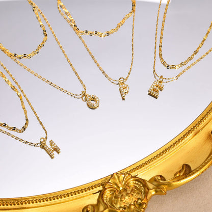 Rockyu イニシャルネックレス レディース ゴールド A〜Z 26文字 ジルコニア 二連チェーン ステンレス製 金属アレルギー対応