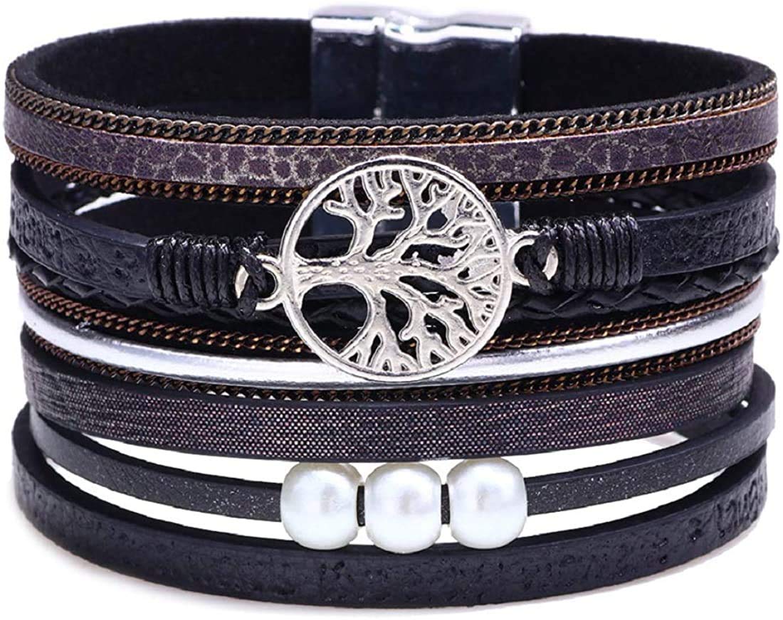 【生命の木ブレス】多重レザーブレスレット｜レディース アンティーク風 パール付き（全5色）