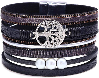 【生命の木ブレス】多重レザーブレスレット｜レディース アンティーク風 パール付き（全5色）