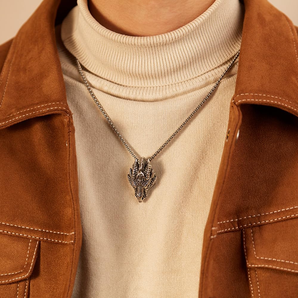 Rockyu ドラゴンヘッドネックレス ステンレス製 ロングチェーン