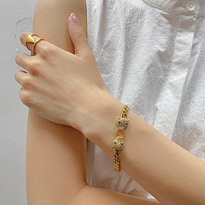 Rockyu ヒョウヘッド ゴールドブレスレット 喜平チェーン レディース