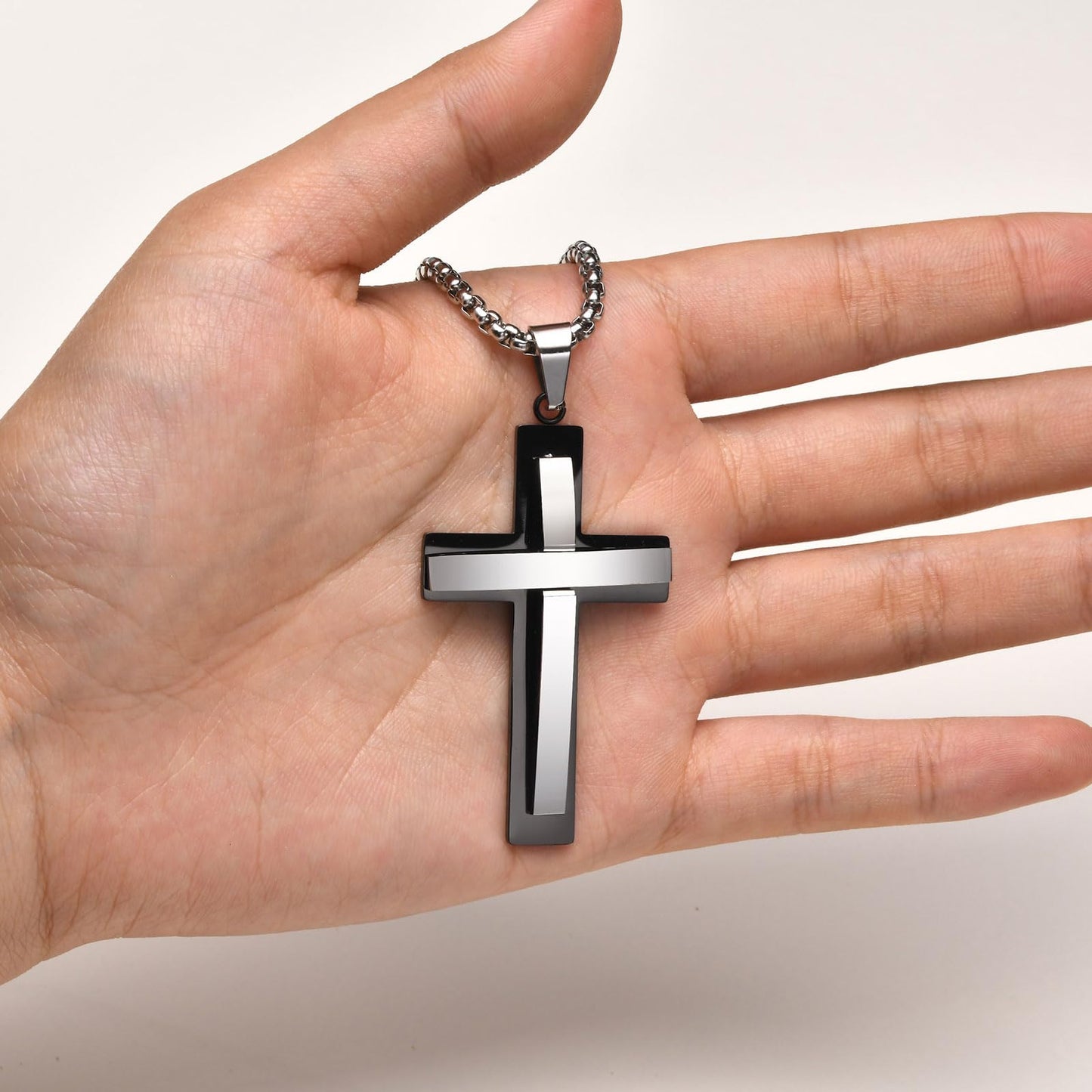 Rockyu ステンレス 二重構造クロス メンズネックレス ブラックIPメッキ