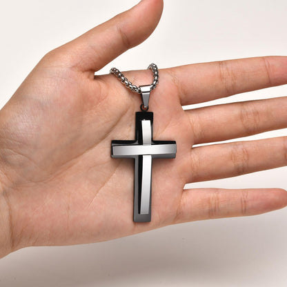 Rockyu ステンレス 二重構造クロス メンズネックレス ブラックIPメッキ