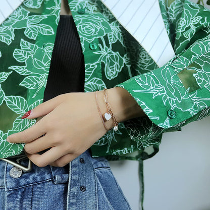 Rockyu ブレスレット レディース 二連チェーン ハート&パールモチーフ チタン製