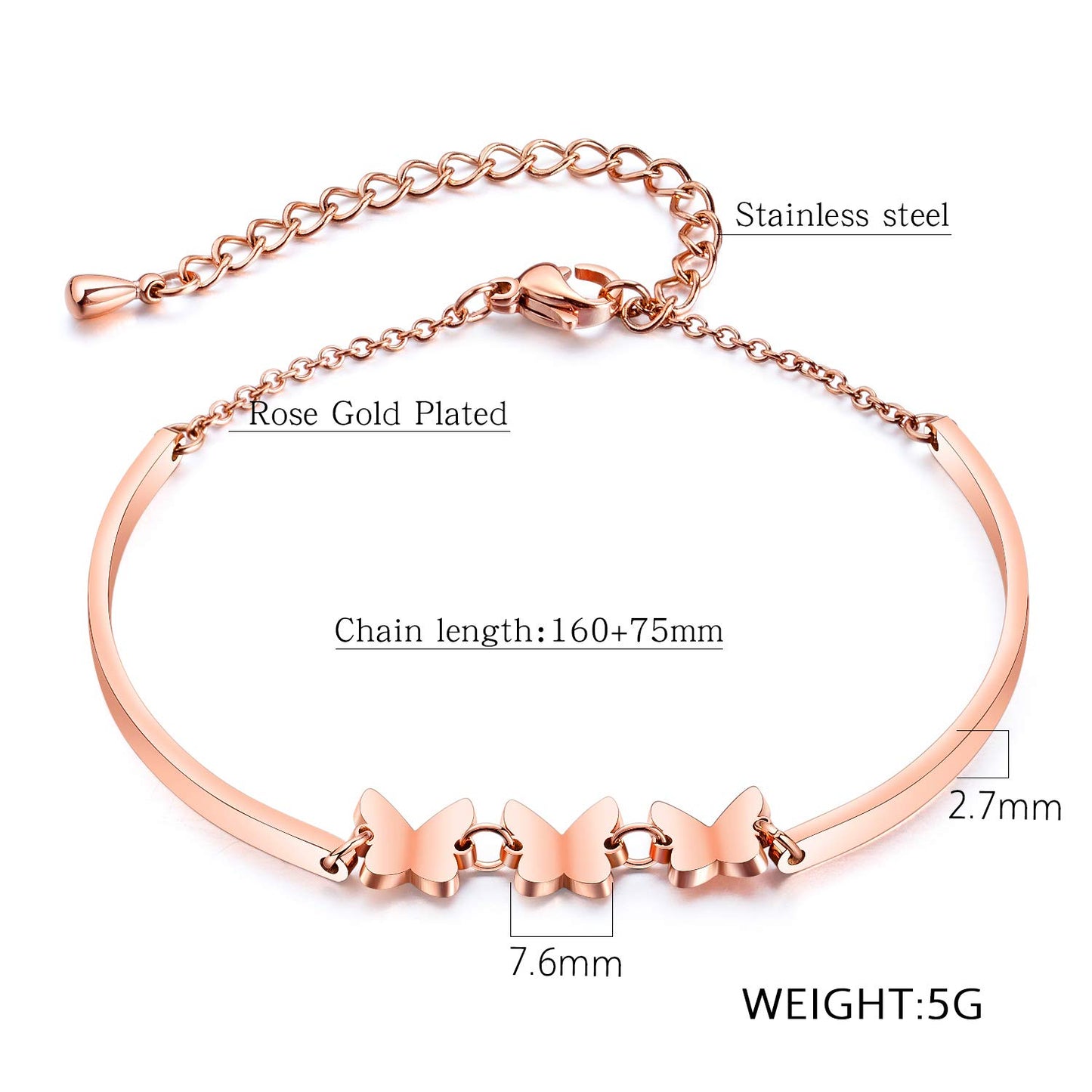 Rockyu レディース バタフライブレスレット シルバー＆ローズゴールド ステンレス製 蝶モチーフ