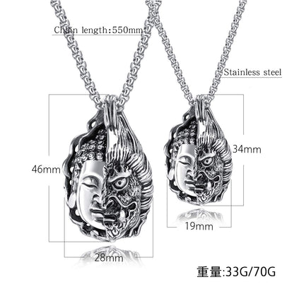 Rockyu ブッダ＆デーモンペンダント メンズネックレス ステンレス製 ゴールド＆シルバー 厄除けデザイン