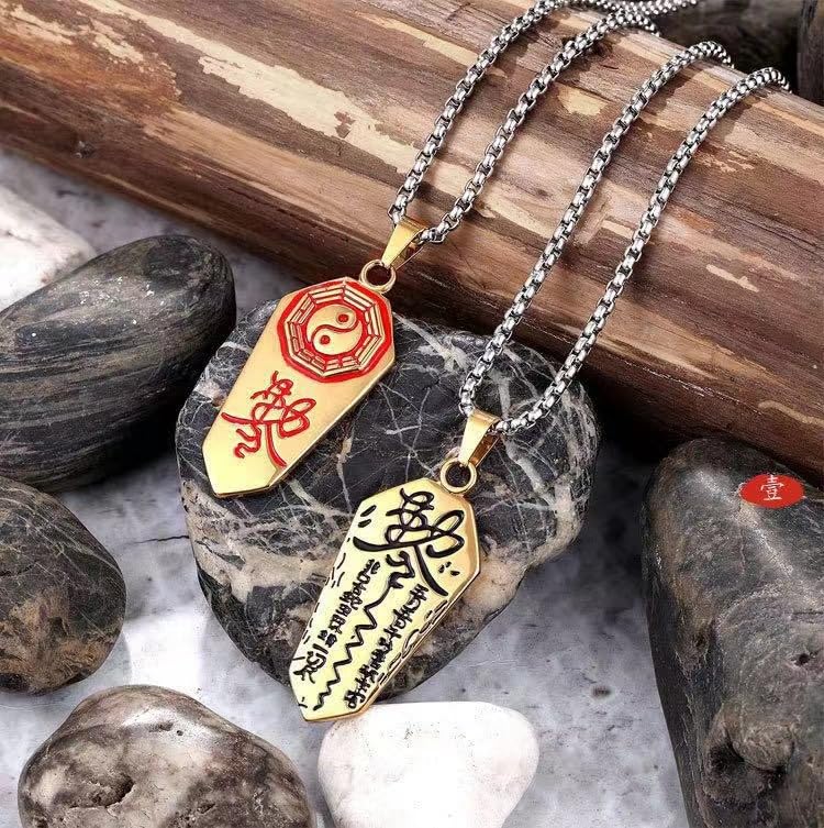 Rockyu ネックレス メンズ チタン 八卦メダル ペンダント 18K ゴールド刻印風 ニューヨークスタイル