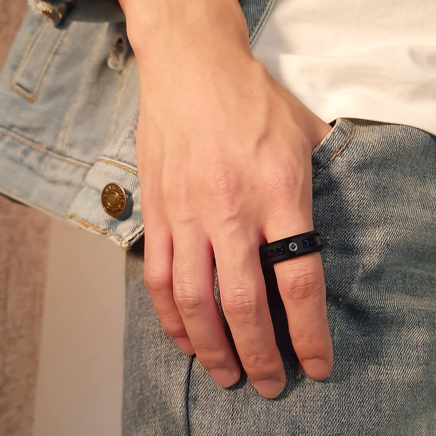 Rockyu タングステンリング メンズ 龍紋デザイン 8mm 幅広 AAAジルコニア ブルー×ブラック