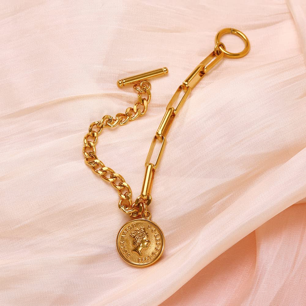 Rockyu ブレスレット レディース ピンクゴールド 18k 女王 エリザベス コインブレスレット おしゃれ ペンダント 十字架風チェーン 誕生日 パーティー プレゼント アクセサリー (ピンクゴールド)