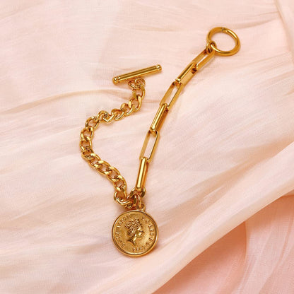 Rockyu ブレスレット レディース ピンクゴールド 18k 女王 エリザベス コインブレスレット おしゃれ ペンダント 十字架風チェーン 誕生日 パーティー プレゼント アクセサリー (ピンクゴールド)