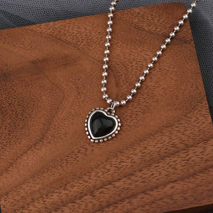 Rockyu ブラックハートネックレス＆ブレスレット レディース シルバー パール付きセット INS風