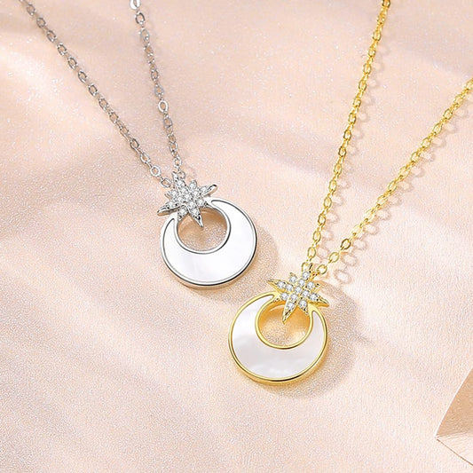 Rockyu ネックレス レディース 月と星 CZ 白蝶貝 ゴールド ステンレス ペンダント