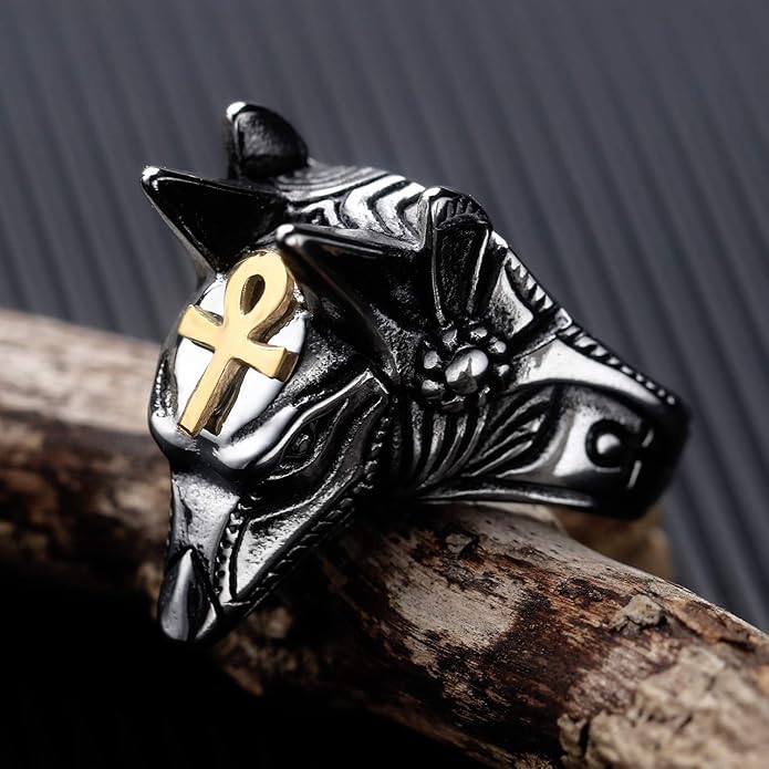 Rockyu メンズ ウルフヘッドリング アンク十字付き シルバー チタン風デザイン