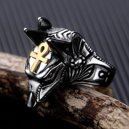 Rockyu メンズ ウルフヘッドリング アンク十字付き シルバー チタン風デザイン