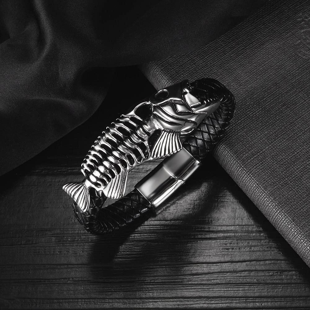 Rockyu メンズブレスレット 魚骨デザイン レザー×ステンレス ブラックアクセサリー