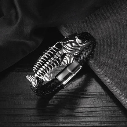 Rockyu メンズブレスレット 魚骨デザイン レザー×ステンレス ブラックアクセサリー