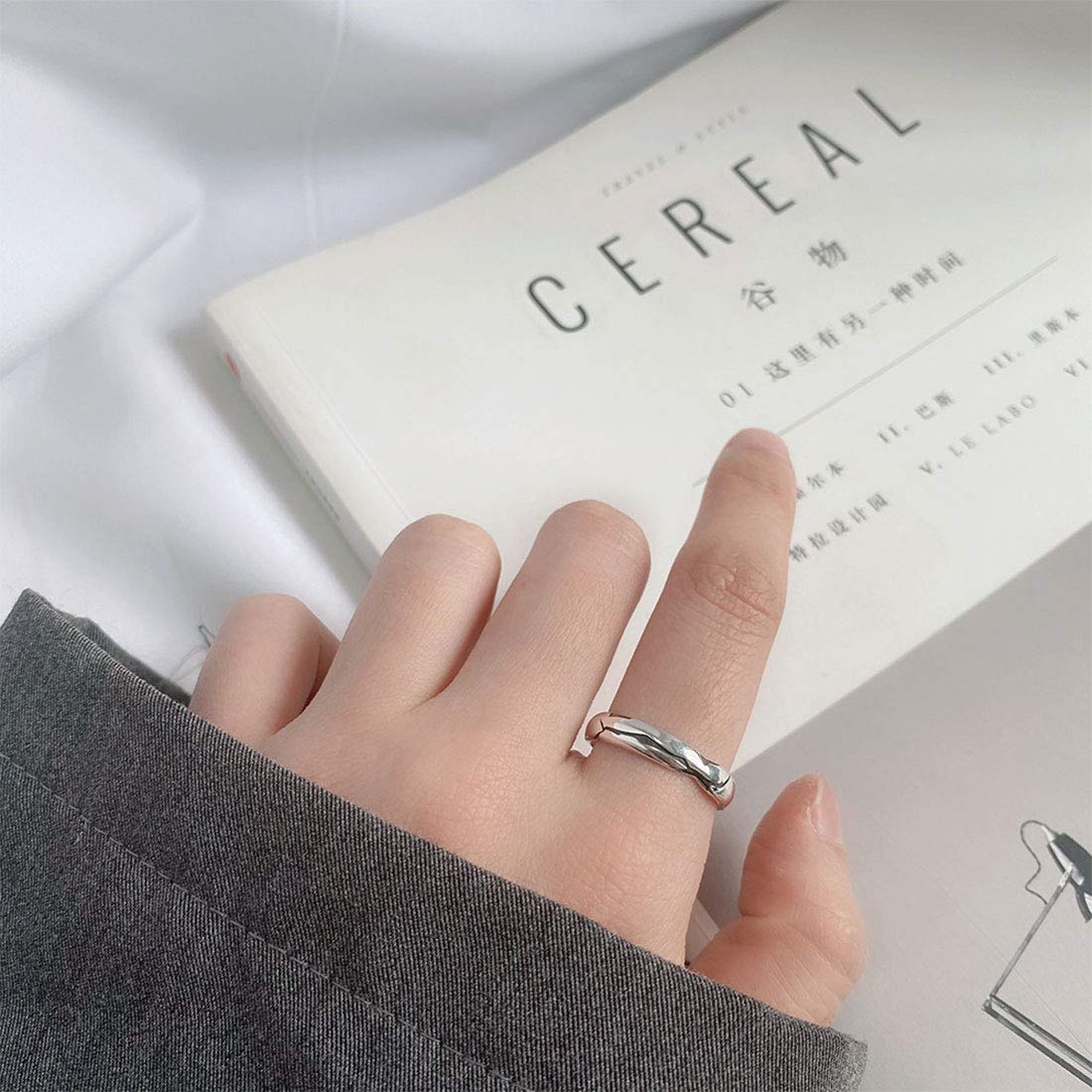 Rockyu ペアリング シルバー925 シンプル波模様 メンズ フリーサイズ 結婚・記念用