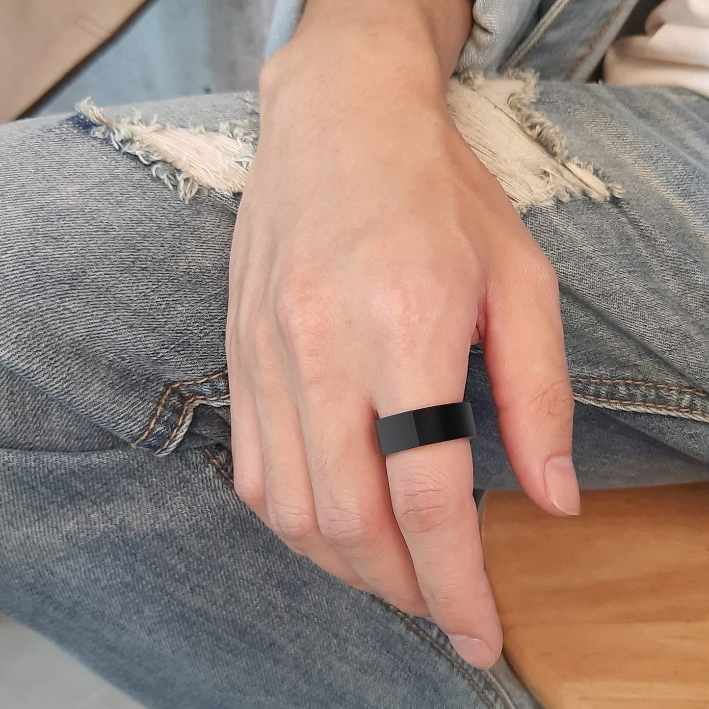 Rockyu タングステン リング メンズ ブルー×ブラック 8mm幅 重厚リング 高硬度鏡面仕上げ