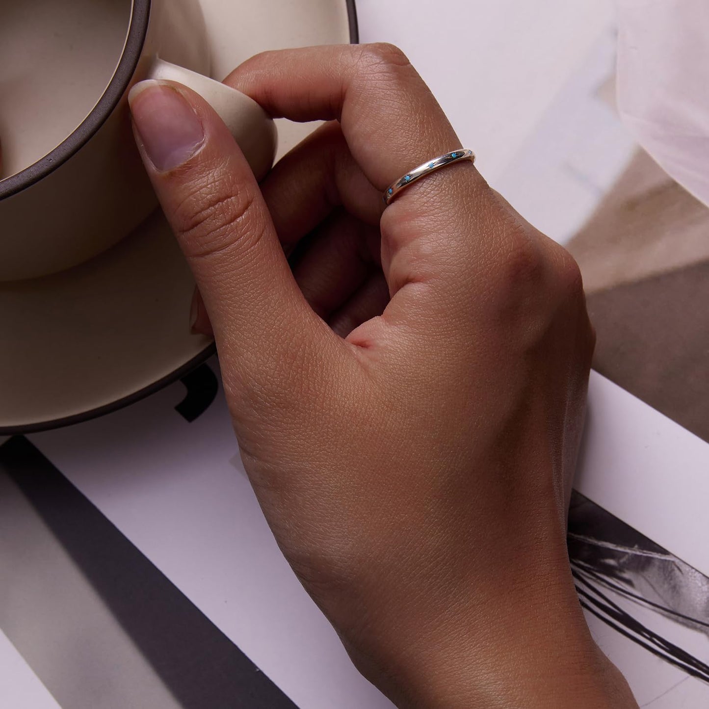 Rockyu ターコイズスターリングシルバーリング レディース 星モチーフ 細身デザイン