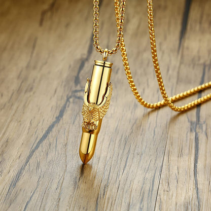 Rockyu 弾丸ネックレス メンズ 鷲の爪デザイン ステンレス製 遺骨入れ シルバー＆ゴールド