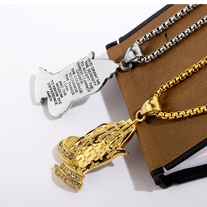 Rockyu 手の祈りネックレス ステンレス製 十字架×刻印入りメンズアクセ