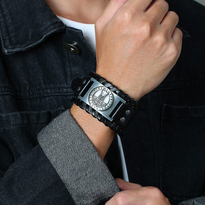 Rockyu ブレスレット メンズ レザー 幅広 ヴァイキング 雷神ハンマー記号 プレート ブラック＆ブラウン