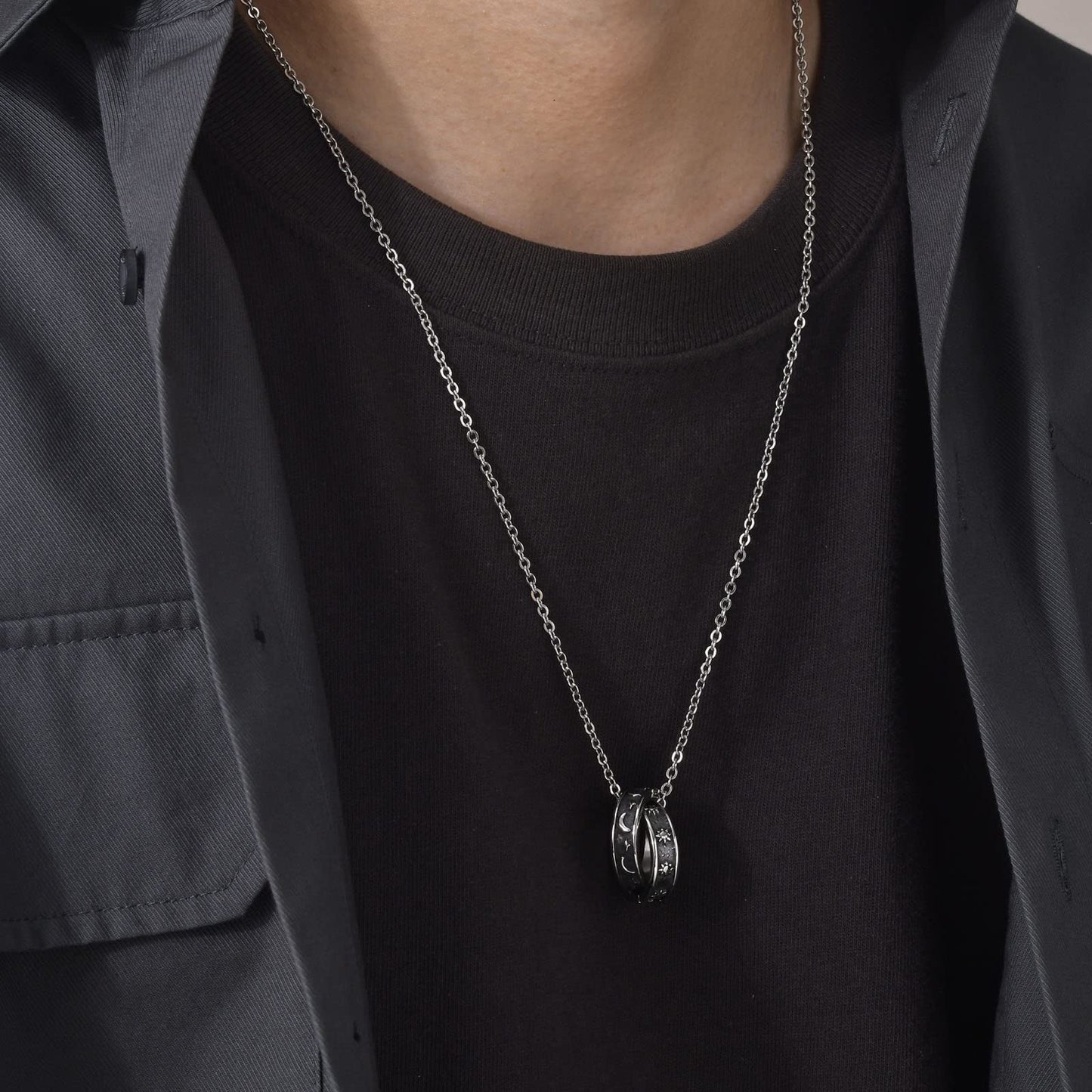 Rockyu ネックレス メンズ 月と太陽 ダブルリング ステンレス製 アレルギー対応 おしゃれペンダント