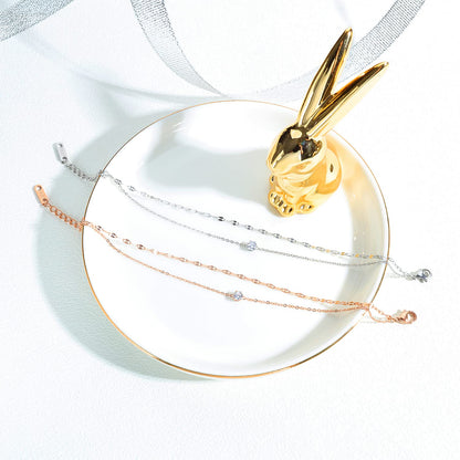 Rockyu ブレスレット レディース ピンクゴールド 2連チェーン ジルコニア付き 細身ジュエリー アレルギー対応