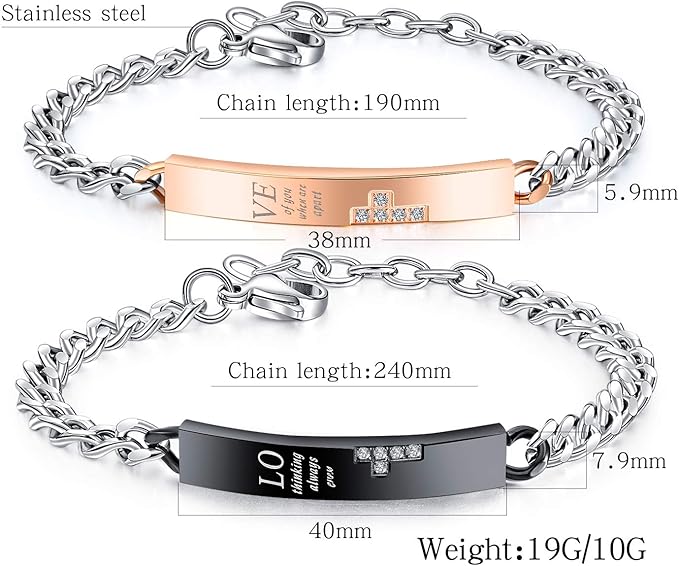 Rockyu ペアブレスレット チタン製 シンプルチェーン ジルコニア付き メンズ＆レディース