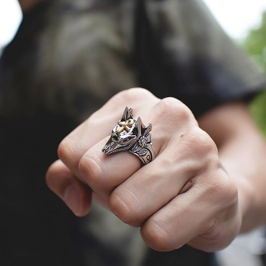 Rockyu メンズ ウルフヘッドリング アンク十字付き シルバー チタン風デザイン