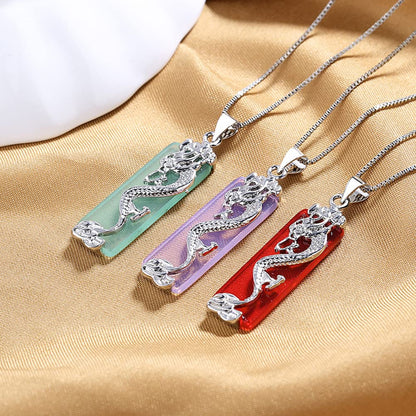 Rockyu ネックレス メンズ レディース 龍モチーフ 長方形ペンダント シルバー ステンレス 金属アレルギー対応