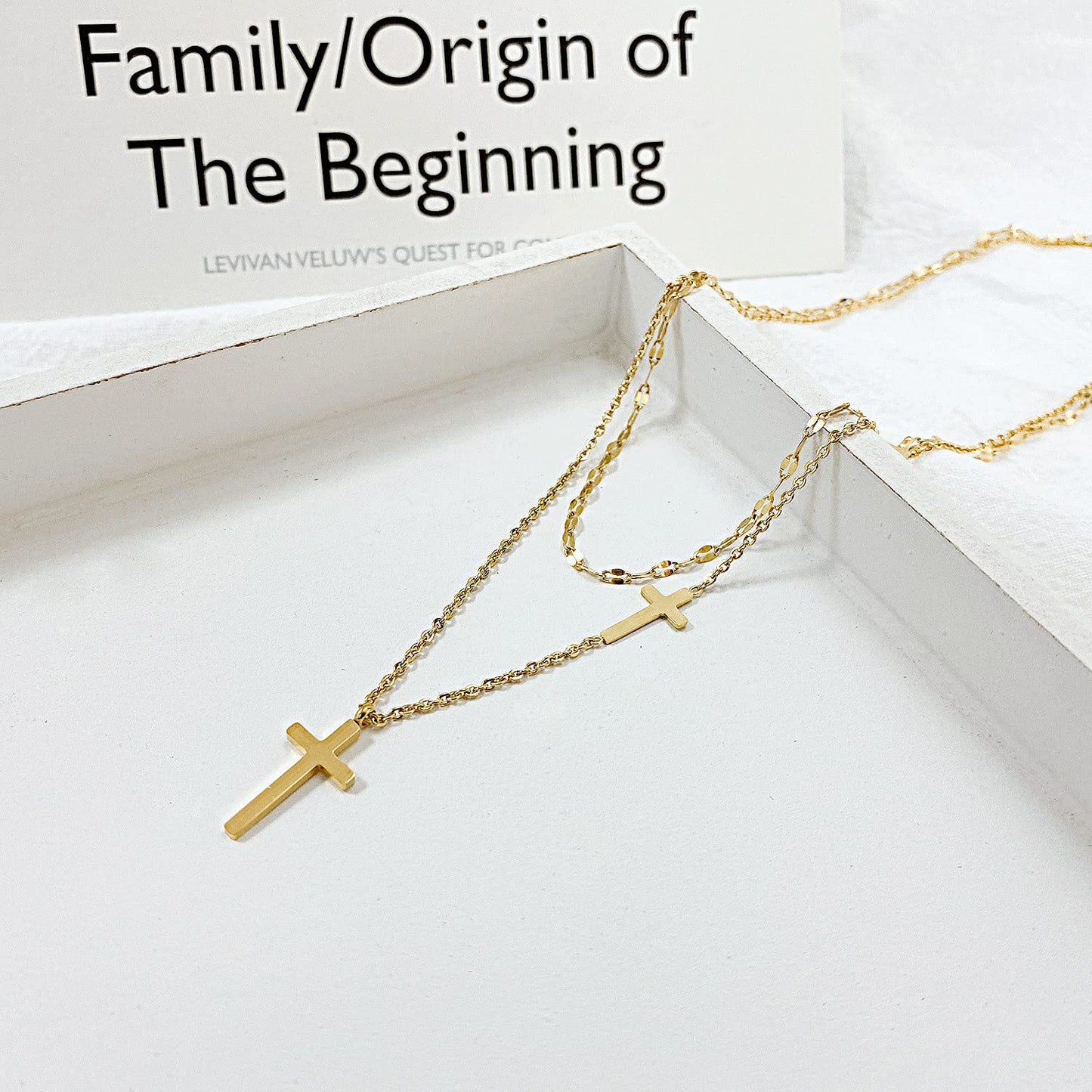 Rockyu クロスネックレス レディース 二連 チタン鋼 ゴールド チョーカースタイル