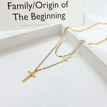 Rockyu クロスネックレス レディース 二連 チタン鋼 ゴールド チョーカースタイル