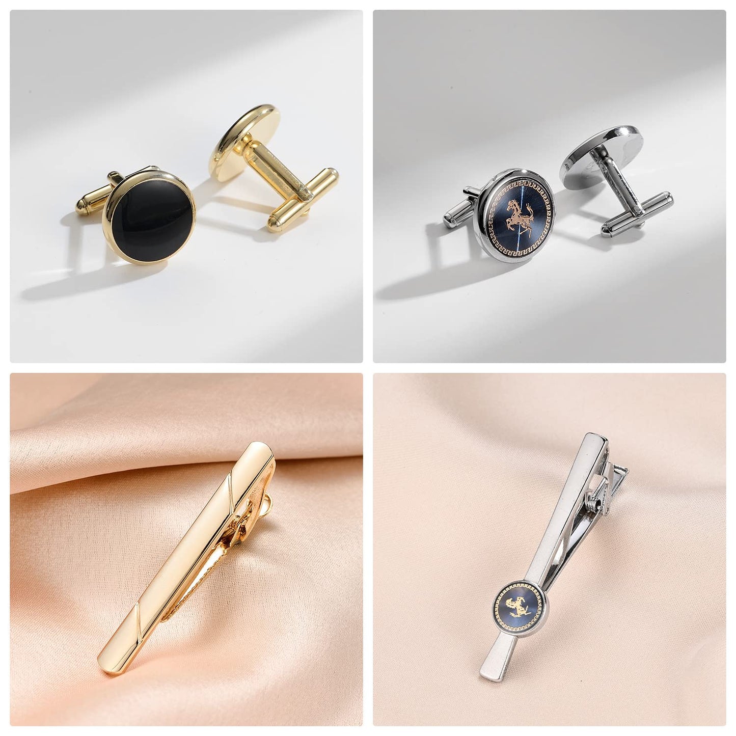 Rockyu カフスボタン＆ネクタイピン セット メンズ 4ペア 真鍮製 高級ギフトボックス入り ビジネス・フォーマル対応