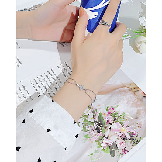 Rockyu クロスデザイン 二連ボールチェーンブレスレット レディース