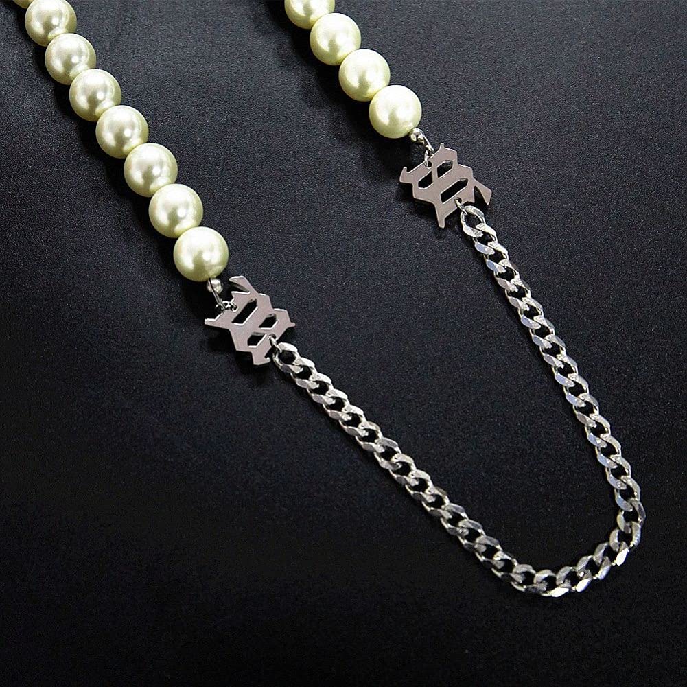 Rockyu ネックレス レディース パール 喜平チェーン アルファベット付き 真珠調 ホワイト チタン 金属アレルギー対応 ヒップホップ パーティー ギフト