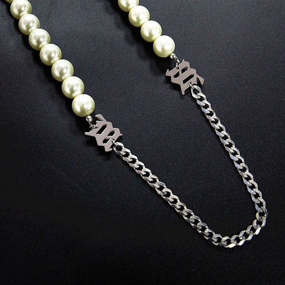Rockyu ネックレス レディース パール 喜平チェーン アルファベット付き 真珠調 ホワイト チタン 金属アレルギー対応 ヒップホップ パーティー ギフト