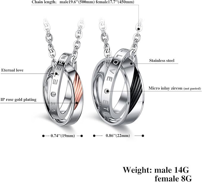 Rockyu 永遠の絆・ステンレススチールペアリングネックレス（LOVE刻印＆ジルコン付き）